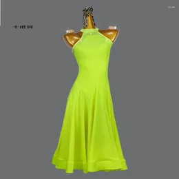 Scene Wear Professional Yellow Latin Dance Dress Long Kjol Sport Costume Ballroom Practice Formell Cocktail Party Outdoor Sexy Cha