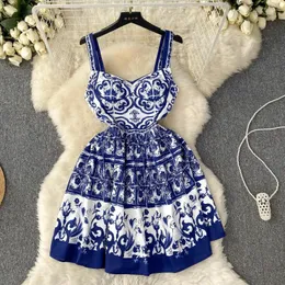 Casual Dresses Vintage Blue And White Porcelain Spaghetti Strap Dress Women's Sleeveless Floral Print Backless Summer Holiday Mini Vestidos