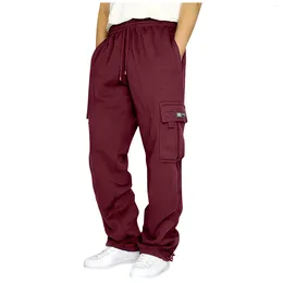 Calças masculinas homens simples macacão cordão multi bolso casual caminhadas calça algodão sólido carga solta pantalones de hombre 2024