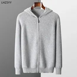 Lhzsyy masculino puro cashmere com capuz cardigan outono/inverno zíper jaqueta de malha camisola grossa lazer plus size casaco camisa quente 240201