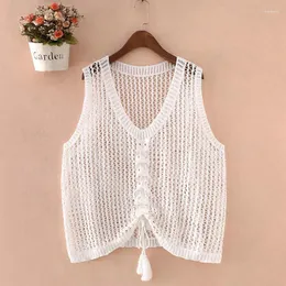 Women's Tanks Female Lace Knitted Small Vest Short V-neck Hook Flower Hollow Outer Wear Sun Protection Blouse Loose Sleeveless Top G43