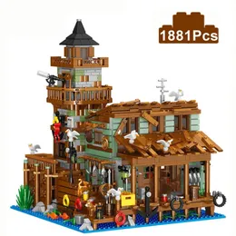 Creative Micro Fisherman Cabin Wharf Trähus Modell Byggnadsblock Street View Fishing Village Bricks Assemble Toy Kid Gift 240124