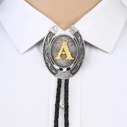 Vintage Gold Letter ABCDEFG-Z U shape bolo tie for man Indian cowboy western cowgirl leather rope zinc alloy necktie 240123