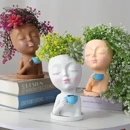 Fashion Girl Face Drinking Coffee Flower Pot Harts Material Desktop Decorations Home Decorative Art Creative Gardening 240131