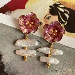 Dangle Küpeler Vintage Pembe Sabah Glory Emaye Mahkemesi Tatlı gradyan Damlası Sır Doğal İnci Niş Retro Takı Kadınlar için