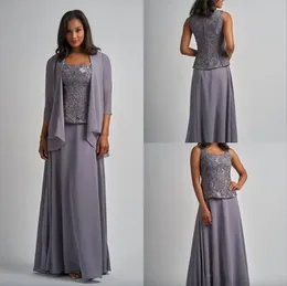 Silbergraues Spitzen-Chiffon-Kleid für die Brautmutter mit Langarmjacke, Übergröße, dreiteiliges formelles Abendkleid für Damen