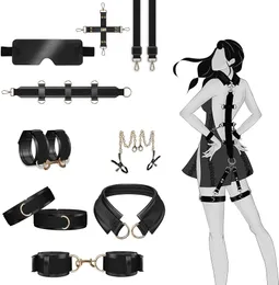 Sex Toy BDSM Restraints, 9 PCS Bondage Set, Adult Toy BDSM Kit for Beginner and Advanced, Adult Game with Leather Texture Handcuffs, Collar, Ankle Cuff, Blindfold,