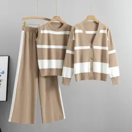 여자 정장 가을 니트 가디건 스트라이프 스웨터 코트 바지 세트 조끼 여성 패션 3 PCS 의상 복장 240124