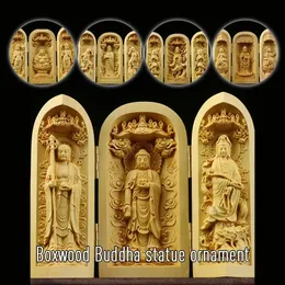 Tybetu Buddyzm Boxwood Kwan-yin Shakyamuni Guanyin 3 God Buddha Statue Box Folding Buddha Statue Box Home Temple Decor Ornament 240202