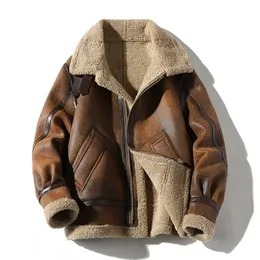 모피 남자 가을 겨울 두꺼움 고급 브랜드 가죽 재킷 플러스 벨벳 두껍게하는 패션 대형 카키 남자 푸 재킷 240122