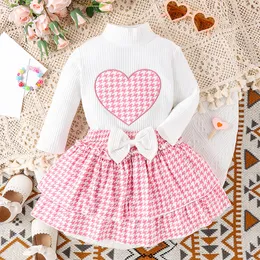 Fashion Infant Baby Girl Autumn Long Sleeve Neck Knitted Sweater Houndstooth Pattern Ruffled ALine Skirt Toddler 2pcs Set 240127