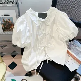 Słodka bluzka kobiet bandaż kołysze kołnierz puff rękawa białe koszule Blusas Mujer de moda Summer Fashion Cute Korean Tops 240202
