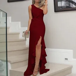 Sıradan Elbiseler Kadın Bir Omuz Dürüklü Fırfır Resmi Akşam Partisi Maxi Elbise Seksi usulsüzlük Yüksek Slit Uzun Elegance İnce Vestidos