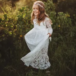 212 år Flower Girl Dresses White Beige Long Sleeve Summer Dress Communion Toddler Kids Dopning Wedding Bridesmaid kläder 240126