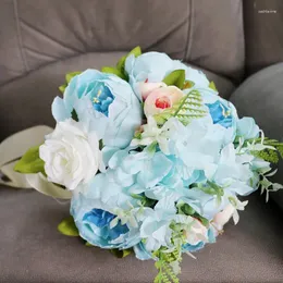 Düğün çiçekleri güzel mavi buket beyaz gelin yeşil yapraklar ipek şakayık parti aksesuarları ev dekorasyon