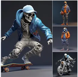 Legal esqueleto figuras crânio resina artesanato skate em uma moto decorações de halloween mesa decoração presentes 240124