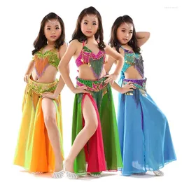 Abbigliamento da palcoscenico Abbigliamento per danza del ventre per bambini Set da 3 pezzi Abito orientale Reggiseno Cintura Gonna Costume da ballo con perline per ragazze