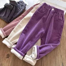 Byxor 4-14 år Kids Winter Corduroy Fleece Pants for Girls Solid Casual Sweatpants Soft Warm Children's Clothing Thick