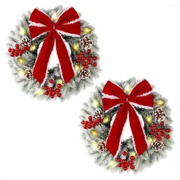 Decorative Figurines 2 Pcs Lighted Christmas Wreaths 9.8 Inch Pre-Lit Mini Xmas Wreath With Red Bow Pine Needle LED Lights