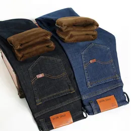 Men Winter Fleece Warm Jeans Brand Fashion Business Pants Retro Classic Denim Trousers Autumn Casual Stretch Slim Jeans Men 240119