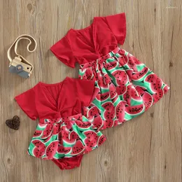 Girl Dresses FOCUSNORM 0-5Y Sister Matching Girls Rompers/Dress Clothing Watermelon Print Fly Sleeve V-Neck Jumpsuit Or A-Line Dress