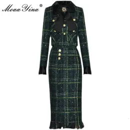 Moaayina Fashion Designer Winter Plaid Tweed Skirts Suit Womens Bow Beading Long Sleeve Jacket Tassel Skirt2ピースセット240131