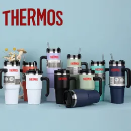 30oz Thermos Adventure Quencher H20 Tumbler مع مقبض الفولاذ المقاوم للصدأ 40 أوقية زجاجة ماء الفراغ المعزول كوب السفر 240130