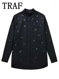 Женские блузки TRAF 2024, длинная рубашка со стразами, женские черные рубашки на пуговицах для женщин, топы с рукавами оверсайз