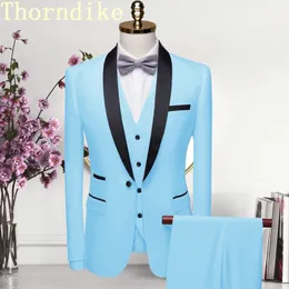 Thorndike Высококачественный мужской костюм с черным воротником, мужской свадебный костюм для жениха, приталенный комплект с пиджаком стандартного размера, смокинг, куртка, брюки, жилет 240118