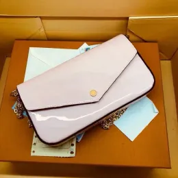 고품질 Felicie Pochette Designer Purse Glossy Mono 엠보싱 Vernis 특허 송아지 가죽 숄더 가방 체인 적응 가능한 봉투 파우치 상자
