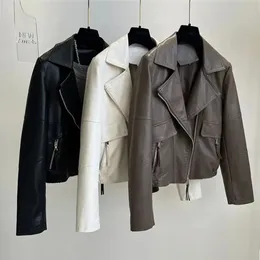 Spring Autumn Vintage Faux Leather Jacket Women Brown Moto Biker Coats Casual Streetwear Zipper PU Outwear 240122