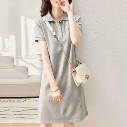 Party Dresses Cotton Polo-Neck Letter Tryckt Summer Casual Fashion Loose A-Line Women's Clothing Commute Button Basic Midi Dress 2024