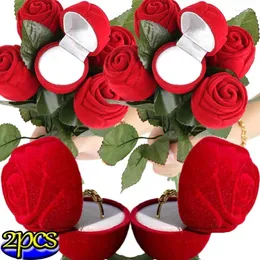 Jewelry Pouches Creative Romantic Surprise Proposal Wedding Boxes Red Velvet Rose Shape Ring Box Lovers Simulation Flower With Leaves Gift