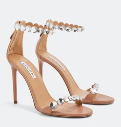 2024 Luxury Aquazzura Maxi-Tequila Women High Heel Sandals Shoes Crystals Adorning Ankle Strap Stiletto Heels Lady Comfort Walking Italy Design Elegant Walking