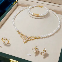 Tirim Women Pearl Necklace Sets Cubic Zirconia Jewelry Set Dubaiディナースーツパーティーエンゲージメントハンドメイドジュエリーアクセサリー240202