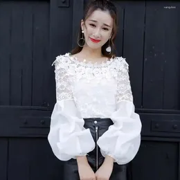 Damskie bluzki moda slash szyja solidna gaza gazy koronka rękawa latarnia żeńska odzież 2024 Spring luźne słodkie topy koreańskie koszule
