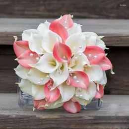 Flores de casamento artificial calla buquê de flores rosa lírio 2 cores pérolas noiva bouquet de novia