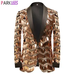 Mens Luxury Wave Striped Gold Sequin Blazer Jacket Shawl Lapel One Button Shiny Wedding Party Suit Jackets Dinner Tuxedo Blazer 240118