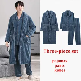 3PCS Zimowe ciepłe piżamy dla mężczyzn szata piżama luksusowa flanel gęstość twórz przytulne ubrania śpiącego Pajama Homme Hiver 240131
