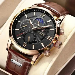 LIGE MENS WATKES TOP MARKUS Luksusowa brązowa skóra Casual Quartz Watch Mężczyzn Wodoodporne zegar zegarowy Zegarek Relogio Masculino 240124