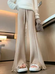 Calças femininas borla malha perna larga bell-bottoms barra vertical drapey cintura alta cordão casual até o chão