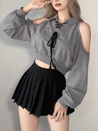 Damen Hoodies Y2K Vintage Grau Crop Top Frauen Koreanische Mode Lose Lässige Sweatshirts Weiblich Harajuku Süße Off Shoulder Bandage Pullover