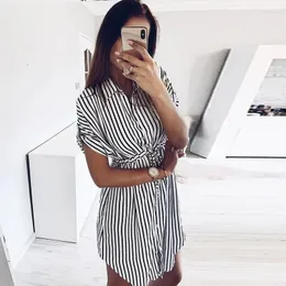 Casual Dresses Women Elegant Stripe Print Fashion Drawstring Bandage 2024 Kort ärm Lapel Party Shirt Dress Summer Sundress