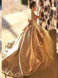 Sukienki Girl039s Wysokiej jakości Pierwsza Komunia Dzieci wieczorna suknia balowa złota aplikacja Bow Girls