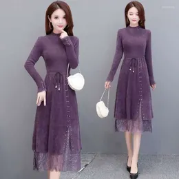 Casual Dresses Elegant Lace Imitation Mink Cashmere Knitted Dress Women Autumn Winter Warm Soft Korean Sweater Vintage Vestidos T110