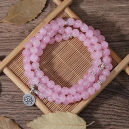 Strand oaiite 8mm pulseira de cristal rosa feminino pingente de lótus envoltório 108mala contas cura charme colar jóias para namorada