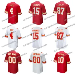 LVIII Football Jersey Rice 4 Patrick Mahomes 15 Travis Kelce 87 Pacheco 10 Red White Black Color Mens Women Youth Jerseys