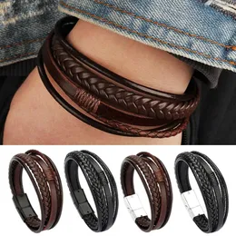 Link pulseiras na moda couro genuíno homens aço inoxidável multicamadas trançado corda para masculino feminino pulseiras jóias