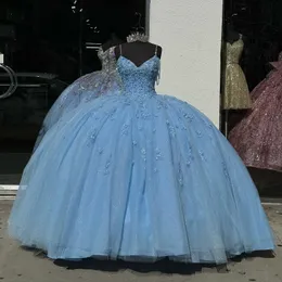 Sky Blue Shiny Quinceanera Dresses Applique spets tull spaghetti rem födelsedagsfest mexikanska flickor prom klänning vestidos de 15 anos