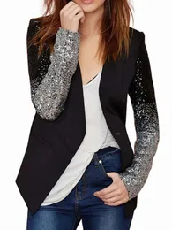 Herbst Schwarz Pailletten Blazer Frauen Dünne Jacke Mantel Langarm Revers Mode Silber Schlank Büro Anzug Feminino 240202